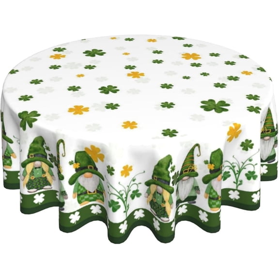 St. Patrick''s Day Tablecloth Round 70 x 70 Inch Gnomes Shamrock Round Table Cloth Polyester Fabric Gold Green Clover Elf Holiday Table Cover for Kitchen Party Picnic Outdoor Decor