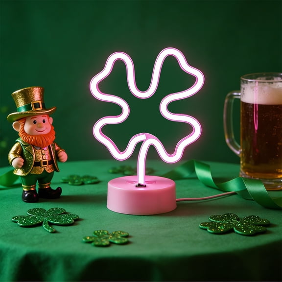 St. Patrick's Day Tabletop Four-Leaf Clover Lamp - Battery & USB Dual Power Base Light, Cute Shamrock Decor for Desk, Shelf & Home, Soft Glow Festive Irish Holiday Decoration, 9.45*6.5in, Pink