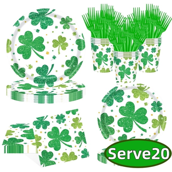 St. Patrick's Day Tableware Set, Green Shamrocks Party Disposable Napkins Paper Plates and Paper Cups Tableware Set  Serves24
