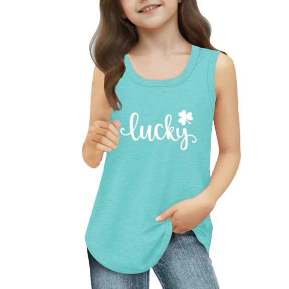 St Patrick's Day Tank Tops for Girls Shamrock Clover Irish Shirts Cute Crewneck Sleeveless Tees Tops Loose Fit Graphic Casual Holiday Clothes,Cyan 14-15 Years