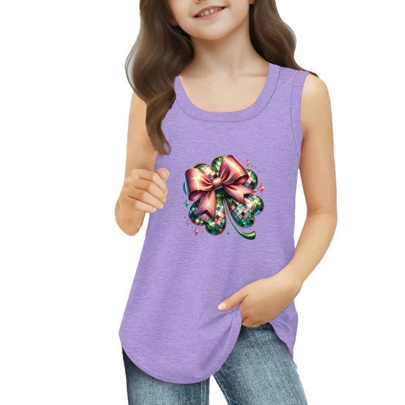 St Patrick's Day Tank Tops Girls Shamrock Sleeveless Clover Shirts St Patrick's Day Irish Crewneck Tees Tops Cute Graphic Funny Loose Fit Clothes,Purple 12-13 Years