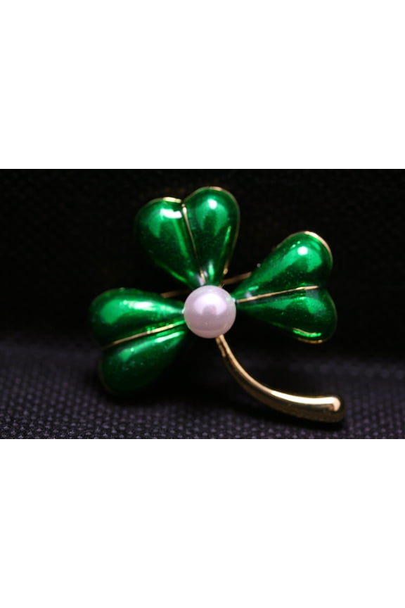 St. Patrick's Day Three Leaf Clover Brooch Pin With Pearl, Enamel Shamrock Pin, IRISH Jewelry Gift