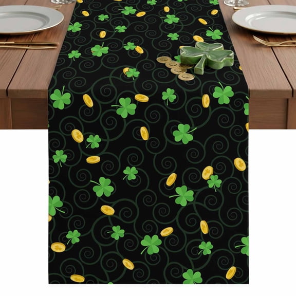 St. Patrick's Day Three-leaf Table Runner-36 Inch Long Gold Coin Table Runners Linen Burlap Tablerunner for Kitchen Dining Room Holiday Party