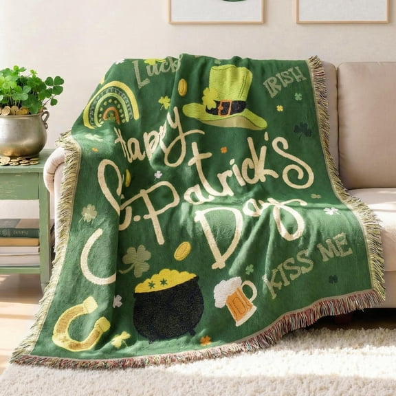 St. Patrick's Day Throw Blanket, Soft Jacquard Knitted Blanket, Warm Cozy St. Patrick's Day Atmosphere Pattern for Couch Living Room Bedroom, Deep Green, 50" x 60"