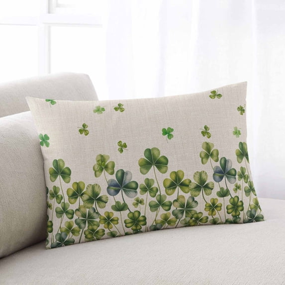 St. Patrick's Day Throw Pillow Cover, Pillowcase Protectors with Zipper, Breathable Decorative Lumbar Pillow Case Cover, Spring Green Shamrock Botanical Beige Pillow Shams for Couch Sofa 12x20Inch