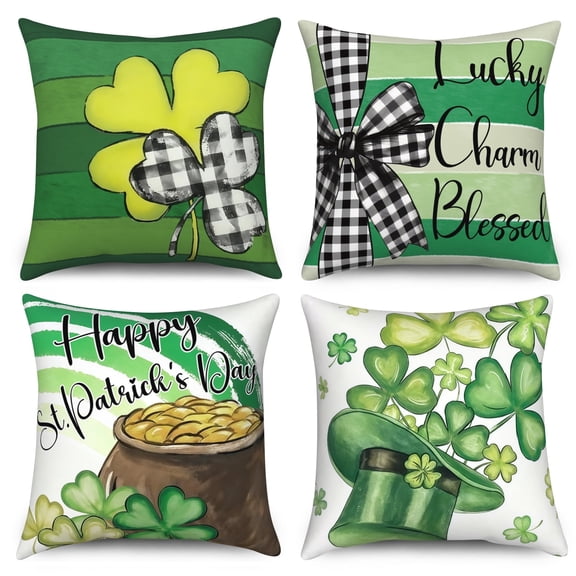 St.Patrick's Day Throw Pillow Covers 18x18 Set of 4,Lucky Charm Clover Hat Decorative Pillow Cases for Bedroom Sofa Couch