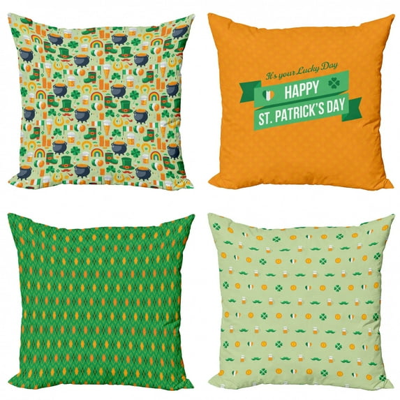 St. Patrick's Day Throw Pillow Cushion Case Pack of 4, Colorful Pieces from Traditional Irish Holiday Geometrical, Modern Accent Double-Sided Digital Printing, Orange and Multicolor, by Ambesonne
