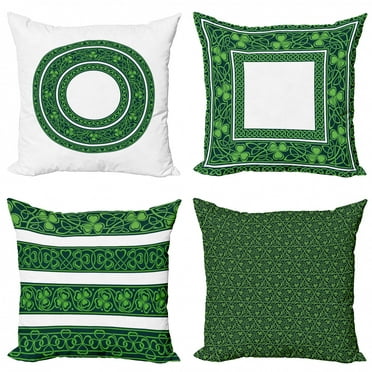 Ambesonne St. Patrick's Day Throw Pillow Cover 4 Pack, Square Leaves, 24", Dark Green and White
