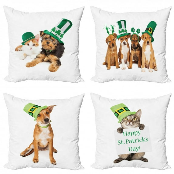 Ambesonne St. Patrick's Day Throw Pillow Cover 4 Pack, Pet Lover Dog Cat, 18", Multicolor