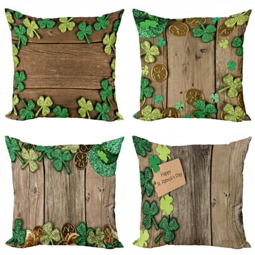 Ambesonne St. Patrick's Day Throw Pillow Cover 4 Pack, Clover Gold Coins, 16", Brown and Green