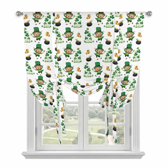 St. Patrick's Day Tie Up Curtains 45 Inches Long, Kitchen Window Curtains Over Sink, Green Shamrock Gingerbread Man Gold Coin Small Window Curtains Shade Balloon Curtains Valances for Bedroom 34"x45"