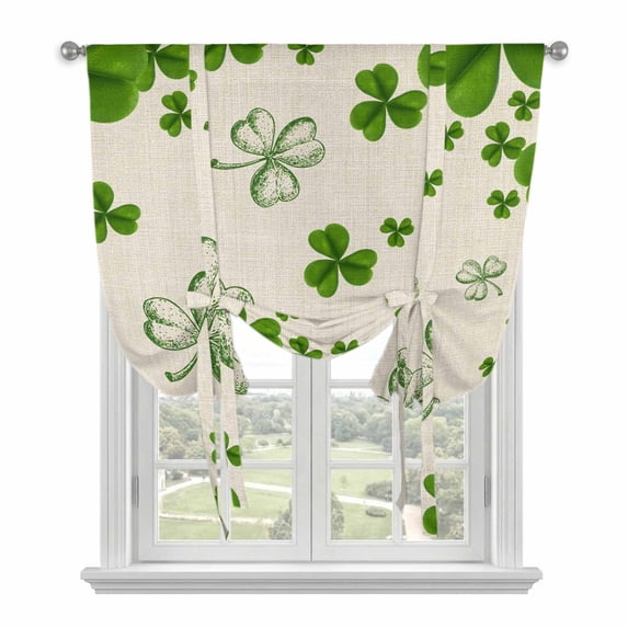 St. Patrick's Day Tie Up Curtains for Windows, Adjustable Balloon Window Shades, Green Shamrock Plants Spring Beige Kitchen Window Treatments Adjustable Roll Up Curtain for Basement/Nursery 52"x45"
