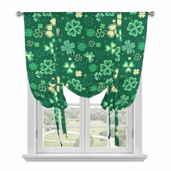 St. Patrick's Day Tie Up Curtains for Windows, Adjustable Balloon Window Shades, Spring Lucky Green Four-leaf Grass Kitchen Window Treatments Adjustable Roll Up Curtain for Basement/Nursery 52"x45"