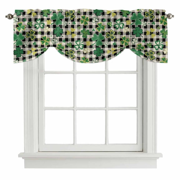 St Patrick's Day Tie Up Valance Curtains for Windows, Kitchen Curtains Window Treatments, Lucky Shamrocks Farmhouse Retro Check Short Window Shades Valances for Bedroom Bathroom Cafe 42"x12"