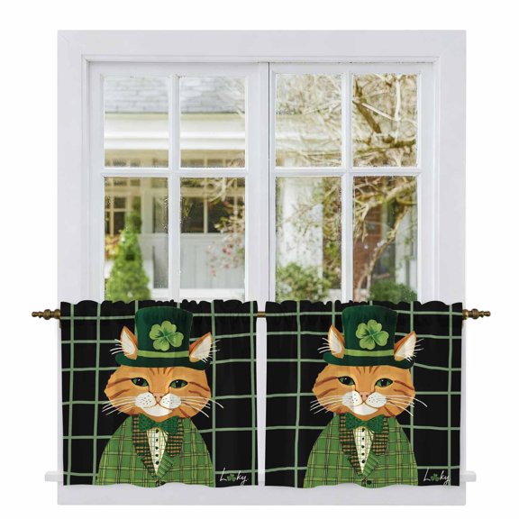 St. Patrick's Day Tier Curtains 24 Inch Length, Green Kitten Cats Lucky Shamrock Black Plaid Cafe Short Curtains for Bathroom Sink, Small Kitchen Curtain Light Filtering Drapes 2 Panels 27.5"Wx24"L