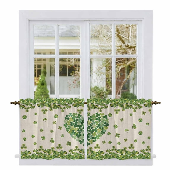 St Patrick's Day Tier Curtains 24 Inch Length, Green Shamrock Love Plants Retro Rustic Beige Cafe Short Curtains for Bathroom Sink, Small Kitchen Curtain Light Filtering Drapes 2 Panels 27.5"Wx24"L