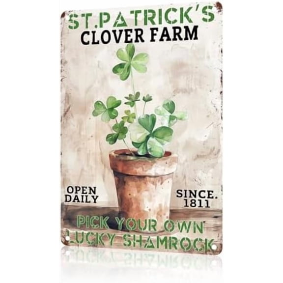 St Patrick's Day Tin Sign Clover Farm Metal Signs Holiday Decor Green Shamrock Lucky Clover Wall Hanging Decorations For Home Kitchen Office Bar Outdoor 8 x 12 Inch