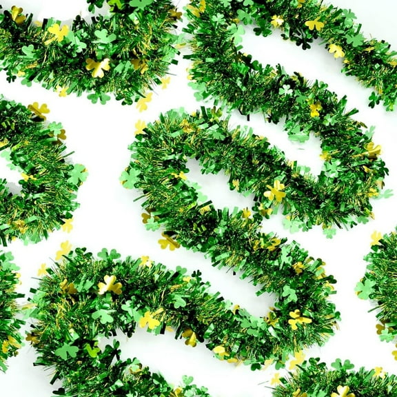 St.Patrick's Day Tinsel Garland 6.56ft Irish Lucky Shamrock Metallic Foil Wreath Decoration for Party Stage Staircase Celebration Decor