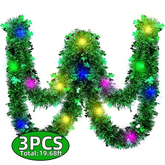 St Patrick's Day Tinsel Garland With Light Green Shamrocks Garlands for Irish Festival Party Hanging Home Decor 3PC