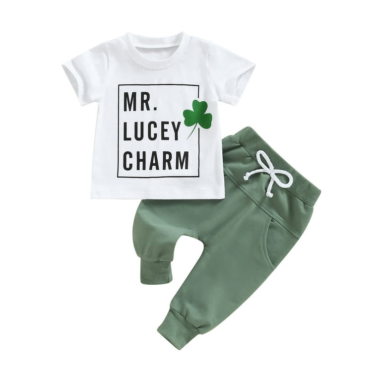 St. Patrick's Day Toddler Baby Boy Girl Clothes Set, Letter Clover Print  Short Sleeve Crew Neck T-Shirt + Elastic Waist Pants 