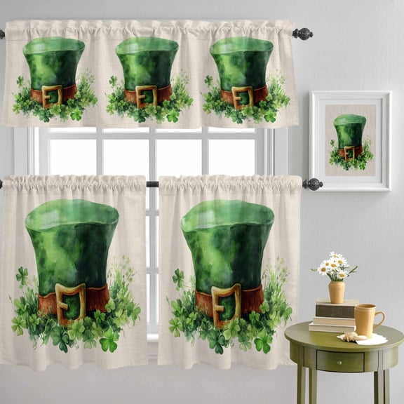 St. Patrick's Day Top Hat Curtain Tier and Valance Set 3 Piece, Watercolor Four-leaf Grass 3-inch Rod Pocket Window Tier Curtains Valance for Kitchen Living Room