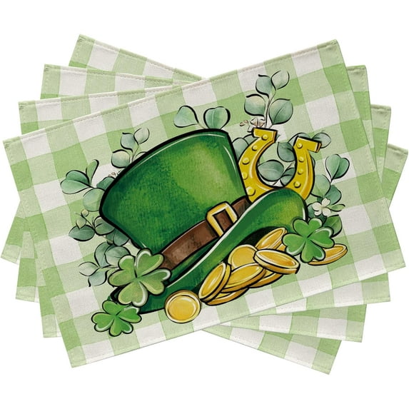St. Patrick''s Day Top Hat Placemats Set of 4, Eucalyptus Leaves Shamrock Clover Plaid Farmhouse Dining Table Place Mats, Gold Horseshoe Irish Holiday Kitchen Decor Home Decoration 12 x 18 Inch