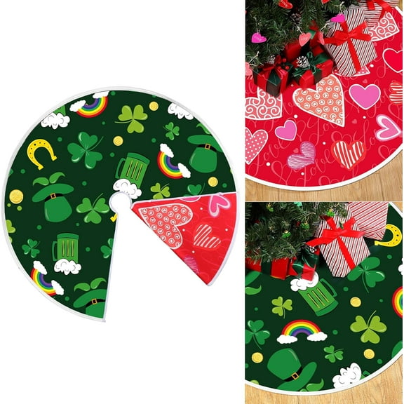 St. Patrick''s Day Tree Skirt Love Heart Clover Double Sided Print Mat Valentine Tree Skirt Decor Holiday Party Supplies Decoration