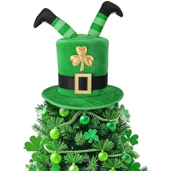 St. Patrick's Day Tree Topper Hat, Irish Green Shamrock Elf Legs Top Hat Decoration, St. Patrick Clover Velvet Hat Tree Topper for Holiday Home Party Decor Fancy Dress Costume