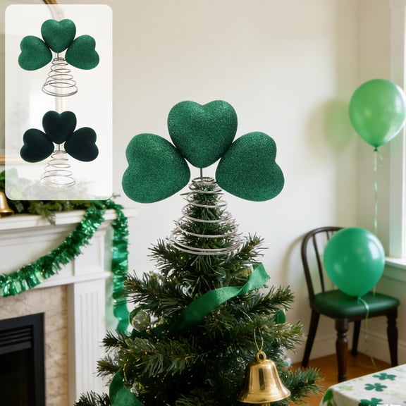 St. Patrick’s Day Trefoil Tree Topper – Green Clover Ornament for Party & Home Decor, Spring Spiral Base Shamrock Topper for Christmas Trees or Holiday Centerpiece Decoration