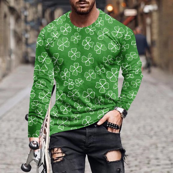 St. Patrick's Day Tshirt, Long Sleeve Tops for Men, Round Neck Shirts Fashionable Men's Printed Long Sleeved Round Neck Casual and Comfortable Tops Shirt