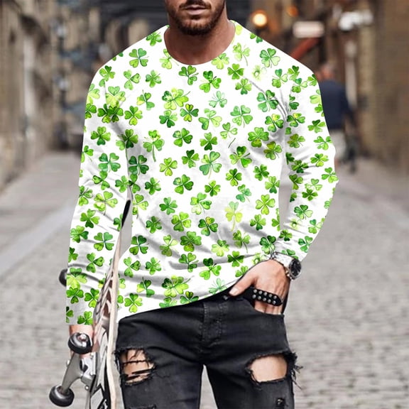 St. Patrick's Day Tshirt, Long Sleeve Tops for Men, Round Neck Shirts Fashionable Men's Printed Long Sleeved Round Neck Casual and Comfortable Tops Shirt