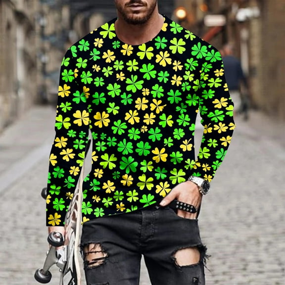 St. Patrick's Day Tshirt, Long Sleeve Tops for Men, Round Neck Shirts Fashionable Men's Printed Long Sleeved Round Neck Casual and Comfortable Tops Shirt