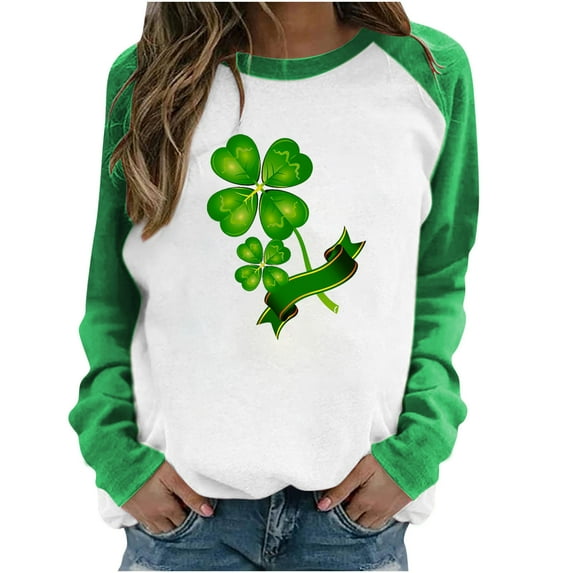 St. Patrick's Day Tshirt Women Clover Print Sweatshirt Long Sleeve Raglan Tees Baseball Tops Gift for Women