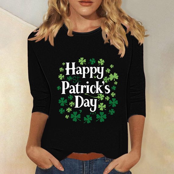 St Patrick's Day Tshirt, Womens 3/4 Sleeve Shirts Round Neck Pullover Blouse Women's Casual Printed Tops Round Neck Three-Quarters Sleeve Pullover T-Shirt
