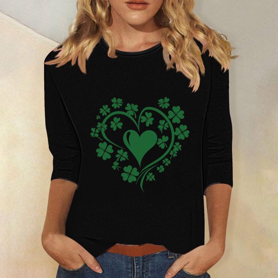 St Patrick's Day Tshirt, Womens 3/4 Sleeve Shirts Round Neck Pullover Blouse Women's Casual Printed Tops Round Neck Three-Quarters Sleeve Pullover T-Shirt