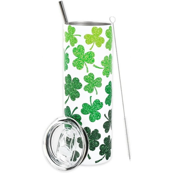 St. Patrick''s Day Tumbler with Lid and Straw Green Shamrock Stainless Steel Cup Lucky Clover Tumbler Cup for Irish Party Decor Home Office Supplies