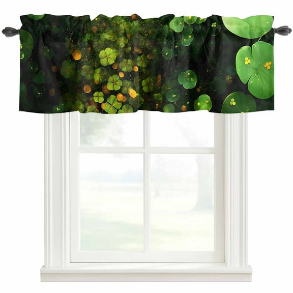 St. Patrick's Day Valances for Windows Dreamy Spring Green Lucky Shamrocks Shiny Gold Rod Pocket Curtain Valance Window Treatment Short Curtains for Kitchen Living Room, 42"x12"
