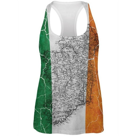 St Patrick's Day Vintage Irish Map Flag Distressed All Over Womens Work Out Tank Top Multi MD