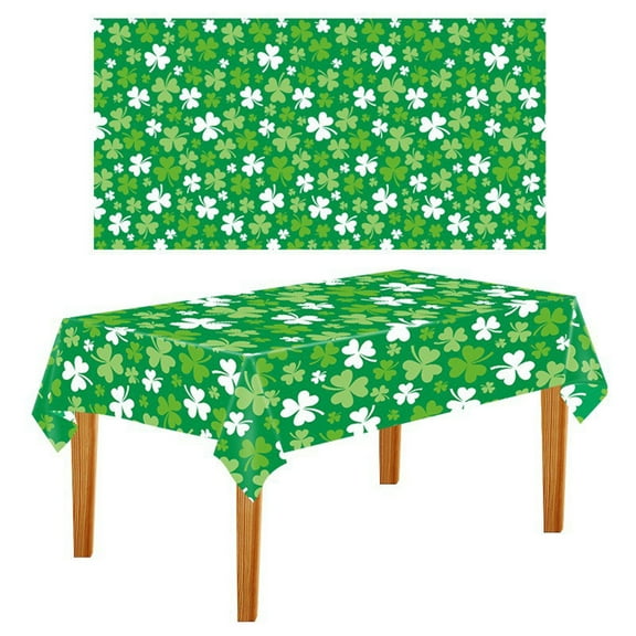 St. Patrick's Day Vinyl Tablecloth Irish Theme Party Decoration Green Clover Design Rectangle Table Cover for Kitchen Dining Reusable Easy Clean