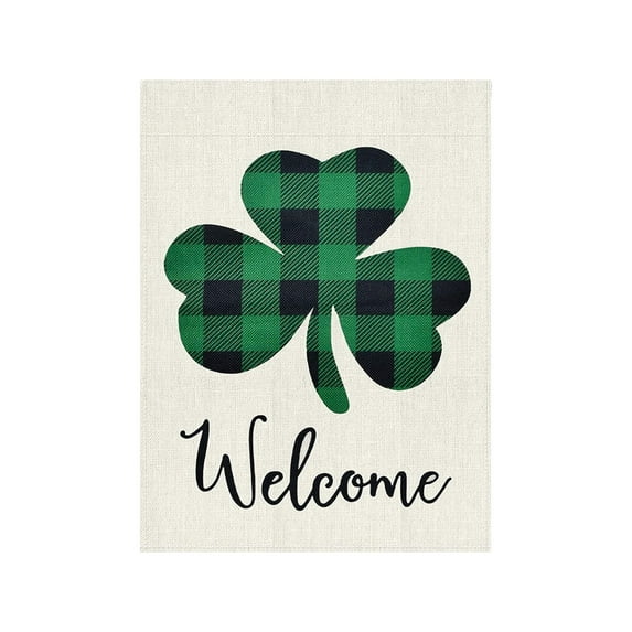 St. Patrick's Day Vwrxbz Linen Garden Flag, 12x9in Holiday Outdoor Patio Lawn Flag – Shamrocks, Leprechaun & Harp Print, Green/White/Orange, Waterproof