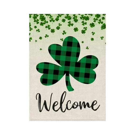 St. Patrick's Day Vwrxbz Linen Garden Flag, 12x9in Holiday Outdoor Patio Lawn Flag – Shamrocks, Leprechaun & Harp Print, Green/White/Orange, Waterproof