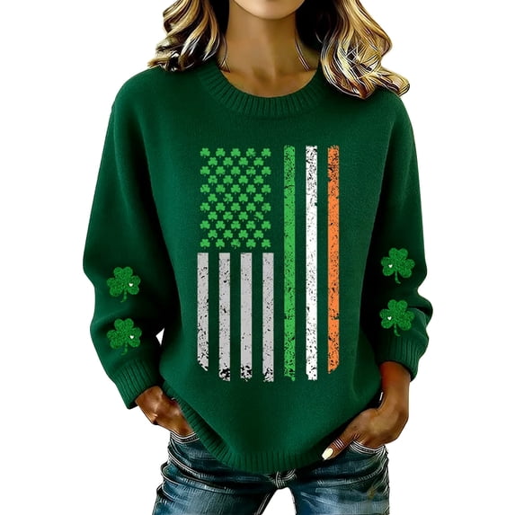 St. Patrick's Day Waffle Knit Hoodies for Women, Green Clover Shamrock Print Long Sleeve Pullover