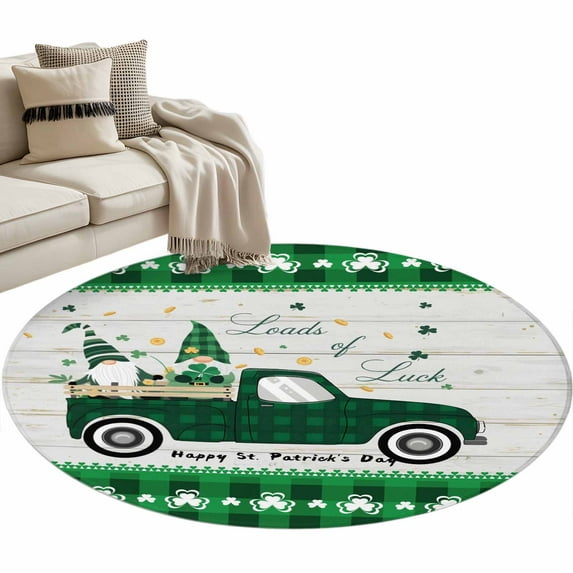 St. Patrick's Day Washable Area Rug 3 ft Spring Lucky Shamrocks Gnome on Green Plaid Truck Wood Grain Soft Round Rugs for Living Room, Non Slip Carpet for Bedroom Entryway Dining Room