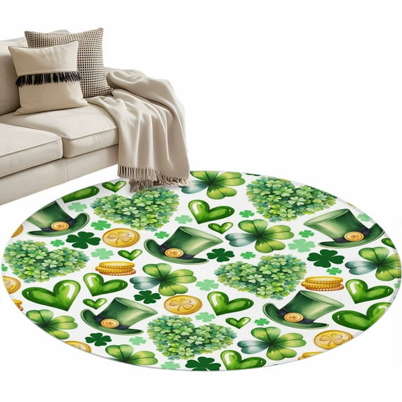 St. Patrick's Day Washable Area Rug 3 ft Watercolor Spring Lucky Shamrocks Love Heart Green Hats Soft Round Rugs for Living Room, Non Slip Carpet for Bedroom Entryway Dining Room