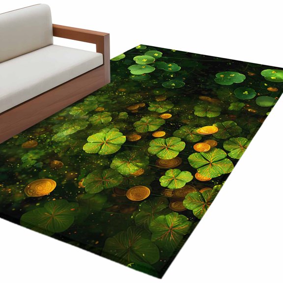 St. Patrick's Day Washable Area Rug 3x5ft Dreamy Spring Green Lucky Shamrocks Shiny Gold Soft Rectangle Rugs for Living Room, Non Slip Carpet for Bedroom Entryway Dining Room