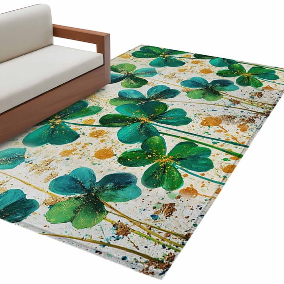 St. Patrick's Day Washable Area Rug 3x5ft Oil-Painting Spring Blue Green Gold Lucky Shamrocks Soft Rectangle Rugs for Living Room, Non Slip Carpet for Bedroom Entryway Dining Room