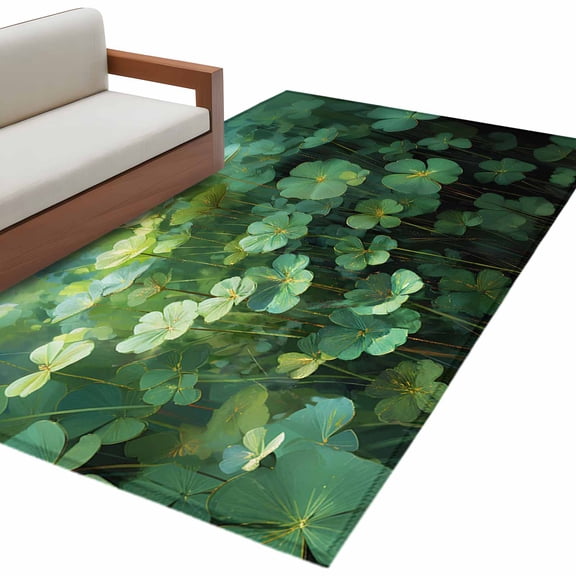 St. Patrick's Day Washable Area Rug 3x5ft Oil-Painting Spring Green Lucky Shamrocks Soft Rectangle Rugs for Living Room, Non Slip Carpet for Bedroom Entryway Dining Room