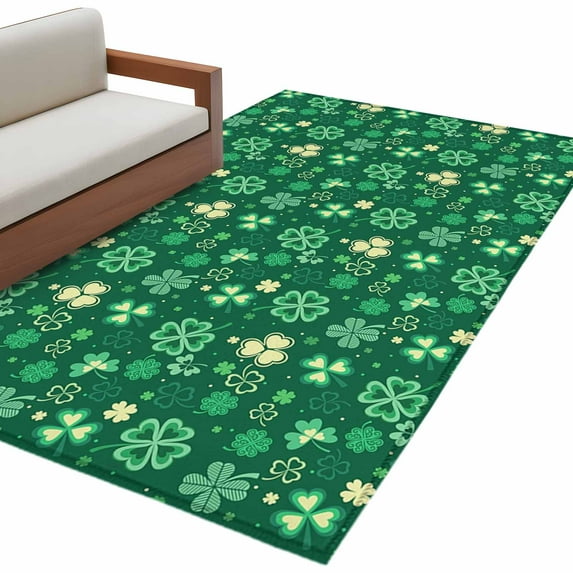 St. Patrick's Day Washable Area Rug 3x5ft Shiny Green Yellow Lucky Shamrocks Plant Green Soft Rectangle Rugs for Living Room, Non Slip Carpet for Bedroom Entryway Dining Room