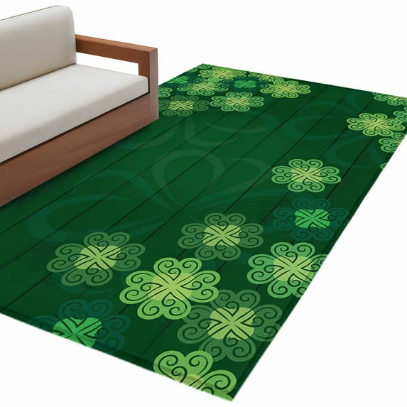 St. Patrick's Day Washable Area Rug 3x5ft Simple Spring Green Lines Lucky Shamrocks Dark Green Soft Rectangle Rugs for Living Room, Non Slip Carpet for Bedroom Entryway Dining Room
