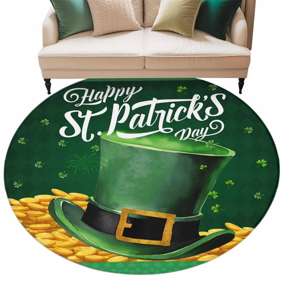 St. Patrick's Day Washable Area Rug 5 ft Oil Painting Green Hat Shamrocks Golden Coin Dark Green Soft Round Rugs for Living Room, Non Slip Carpet for Bedroom Entryway Dining Room